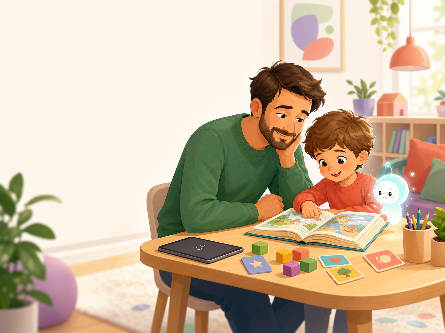 Родитель и ребёнок читают книгу, рядом отложен планшет
